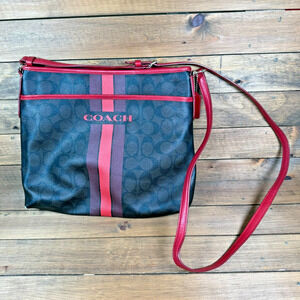 COACH F38402 Signature Varsity Stripe Crossbody Bag Brown Red Classic